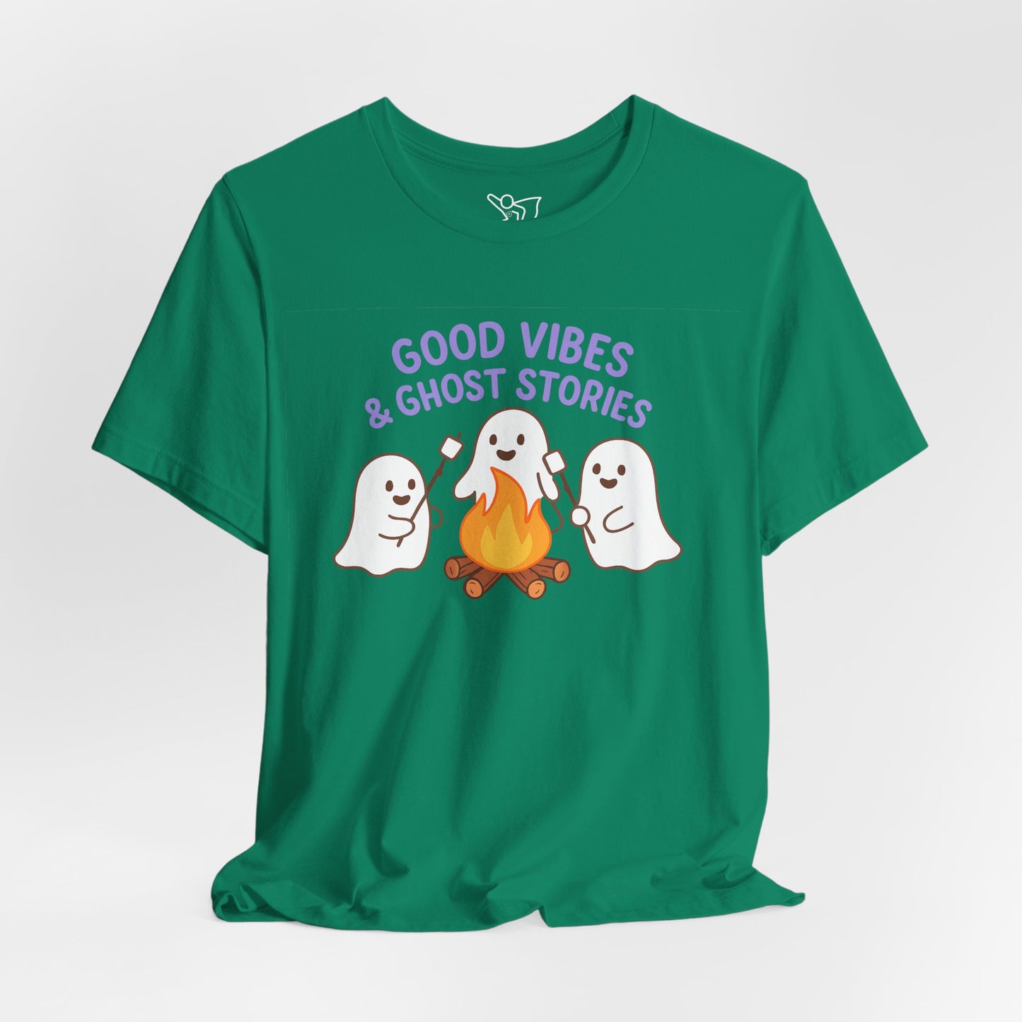 "Good Vibes & Ghost Stories" Unisex Jersey Short Sleeve Shirt for Halloween, Campfire Nights, Cozy Gatherings, Spirit Enthusiasts