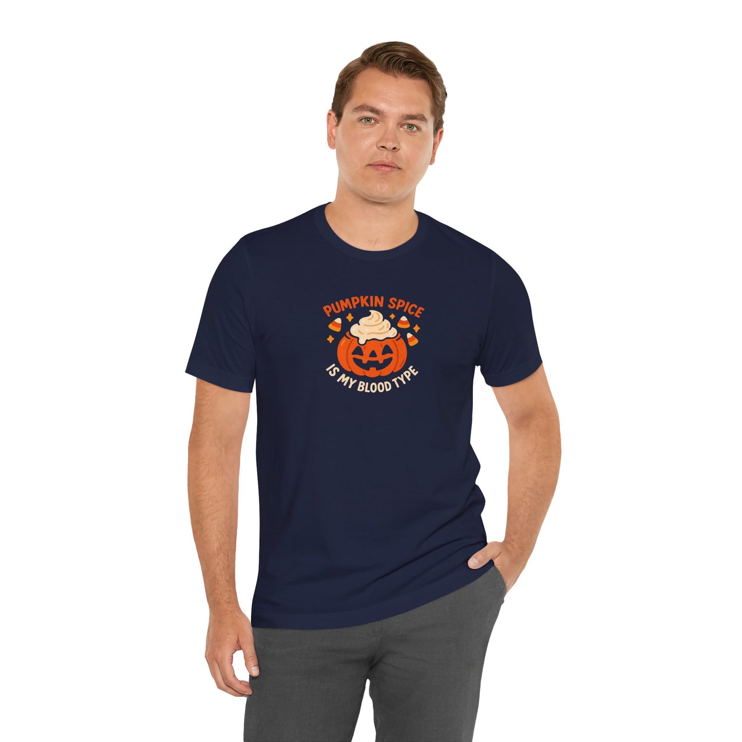 "Pumpkin Spice is My Blood Type" Short Sleeve Tee Fall Fashion, Halloween Shirt, Coffee Lover Gift, Autumn Wardrobe, Seasonal Tee