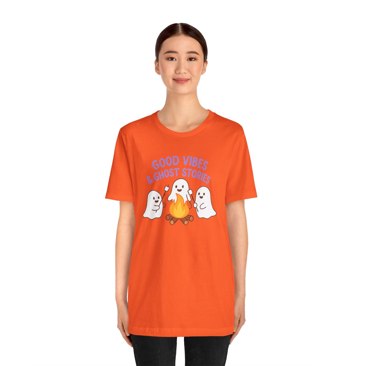 "Good Vibes & Ghost Stories" Unisex Jersey Short Sleeve Shirt for Halloween, Campfire Nights, Cozy Gatherings, Spirit Enthusiasts