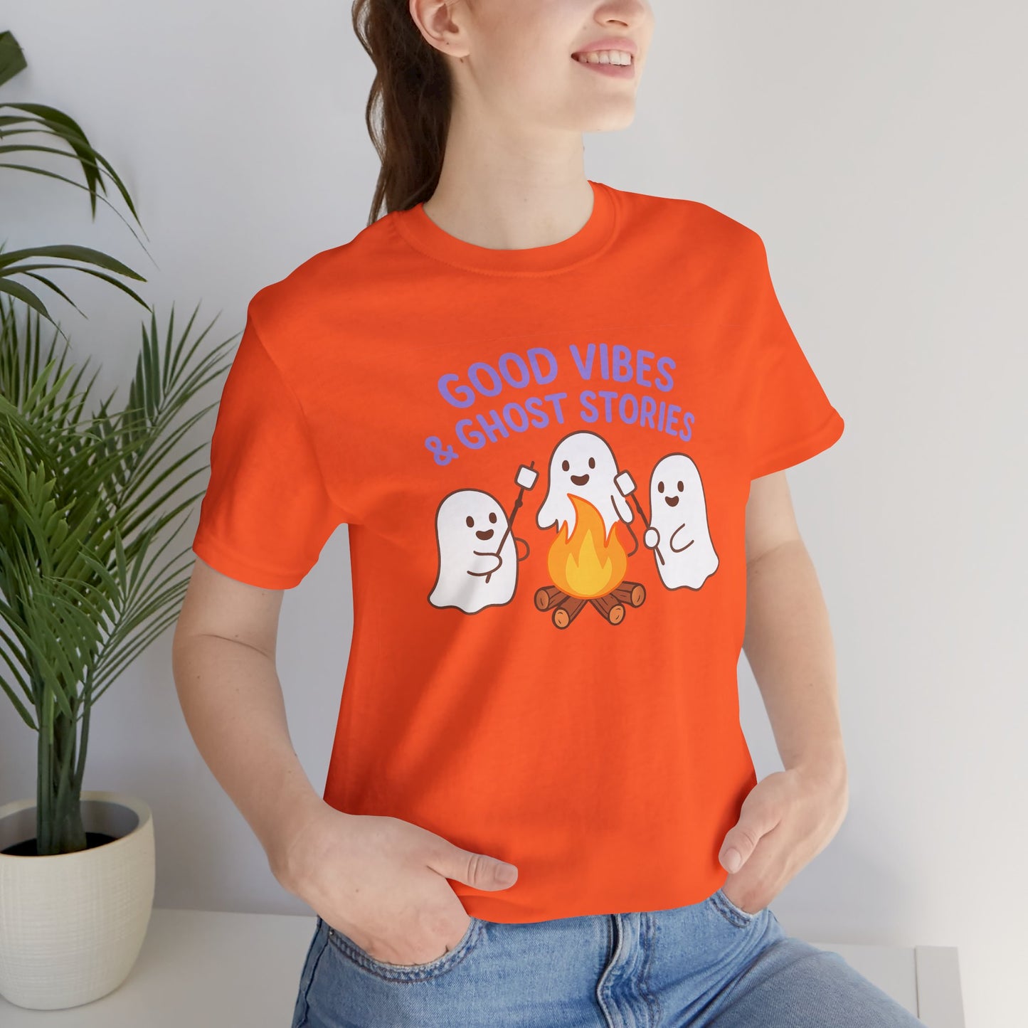 "Good Vibes & Ghost Stories" Unisex Jersey Short Sleeve Shirt for Halloween, Campfire Nights, Cozy Gatherings, Spirit Enthusiasts