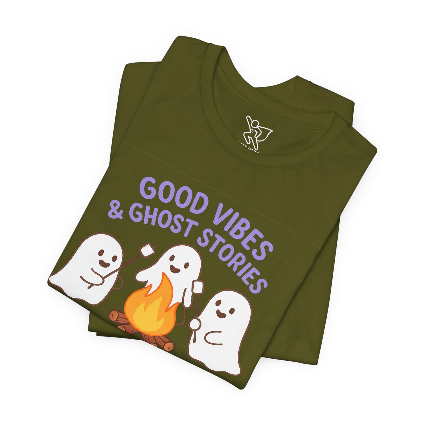 "Good Vibes & Ghost Stories" Unisex Jersey Short Sleeve Shirt for Halloween, Campfire Nights, Cozy Gatherings, Spirit Enthusiasts