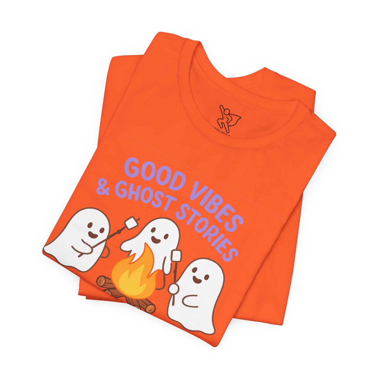 "Good Vibes & Ghost Stories" Unisex Jersey Short Sleeve Shirt for Halloween, Campfire Nights, Cozy Gatherings, Spirit Enthusiasts