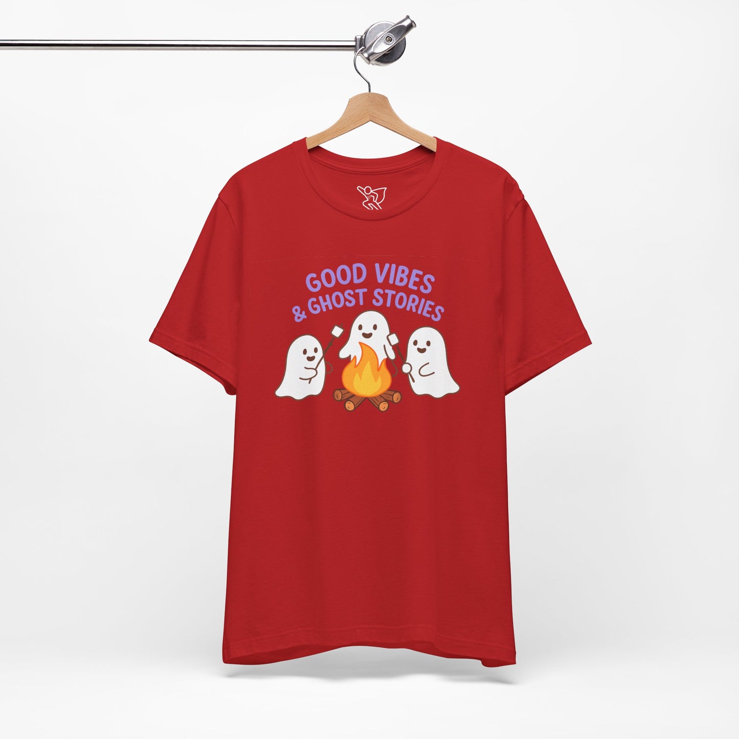 "Good Vibes & Ghost Stories" Unisex Jersey Short Sleeve Shirt for Halloween, Campfire Nights, Cozy Gatherings, Spirit Enthusiasts