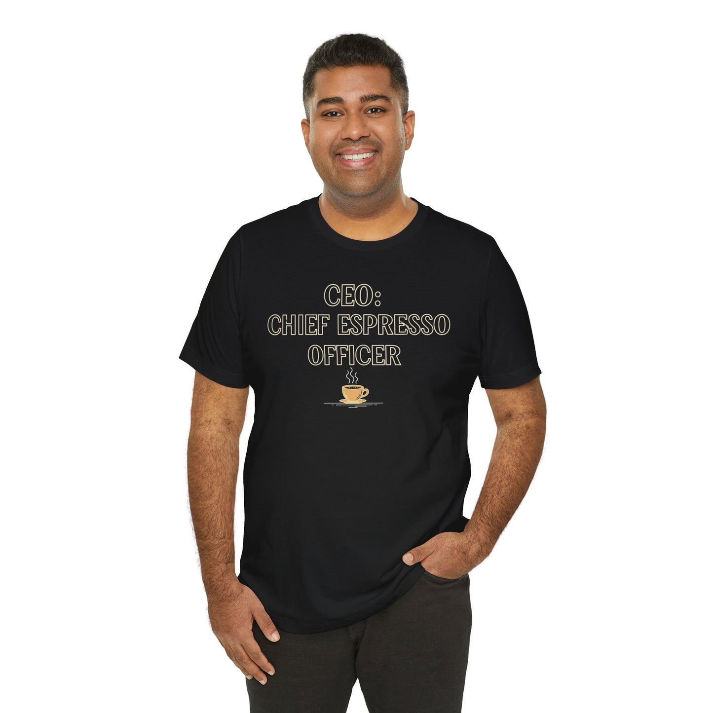 "CEO: Chief Espresso Officer" CW-1 Unisex Jersey T-Shirt for Baristas, Funny Coffee Shirt for Gifts, Perfect for Birthdays, Coffee Shop Outfits