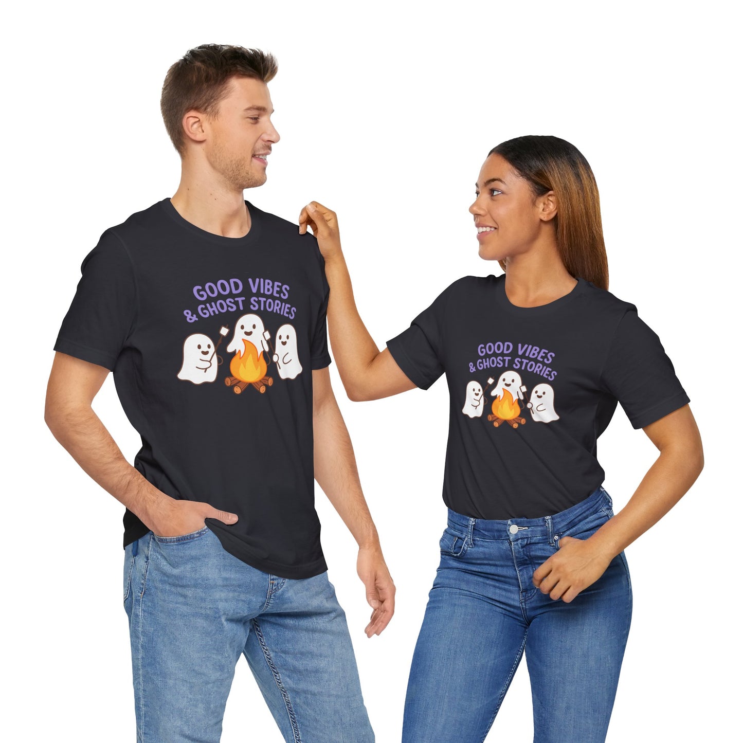 "Good Vibes & Ghost Stories" Unisex Jersey Short Sleeve Shirt for Halloween, Campfire Nights, Cozy Gatherings, Spirit Enthusiasts