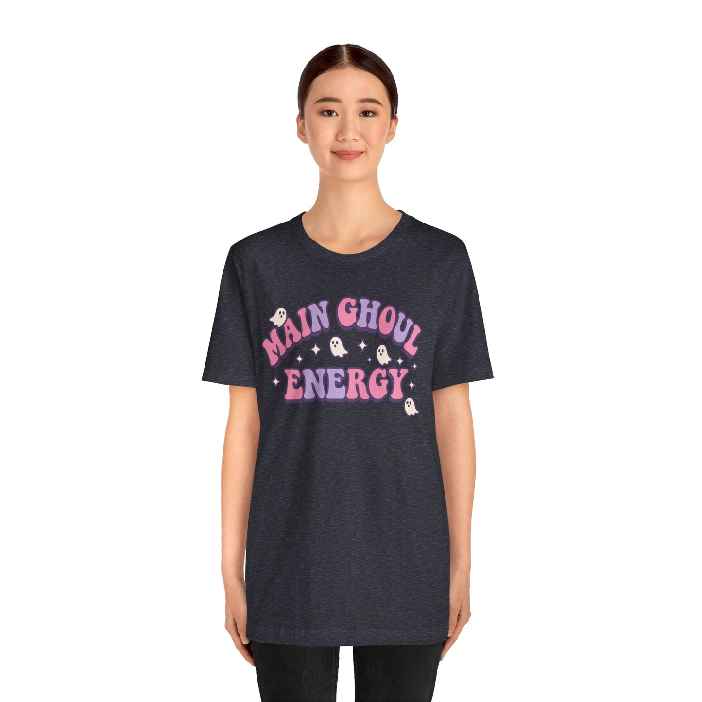 "Main Ghoul Energy" Unisex Short Sleeve T-Shirt, Halloween Party Shirt, Cute Graphic Tee, Gift for Ghost Lovers, Trendy Casual Wear