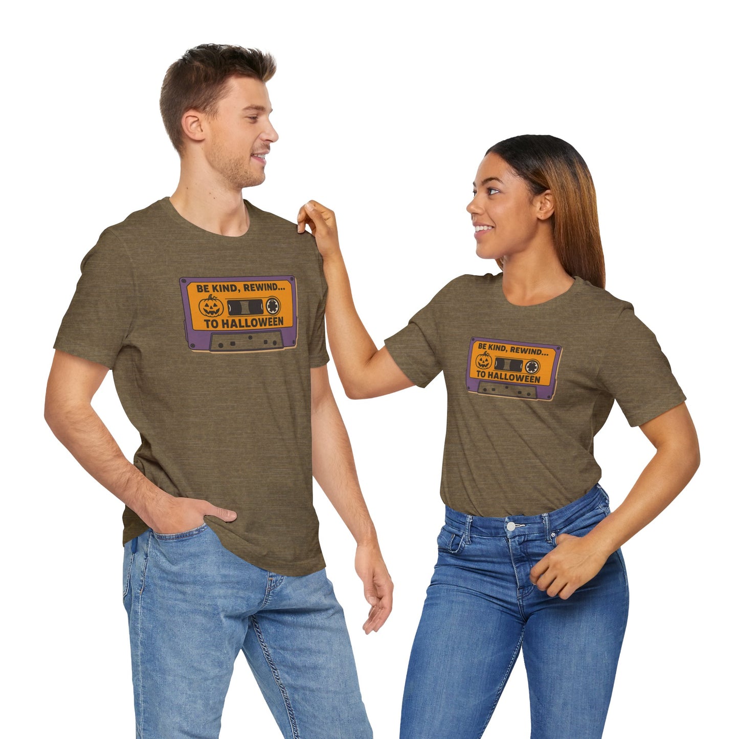 "Be Kind, Rewind to Halloween" T-Shirt, Unisex Casual Wear, Spooky Season Top, Vintage Style Shirt