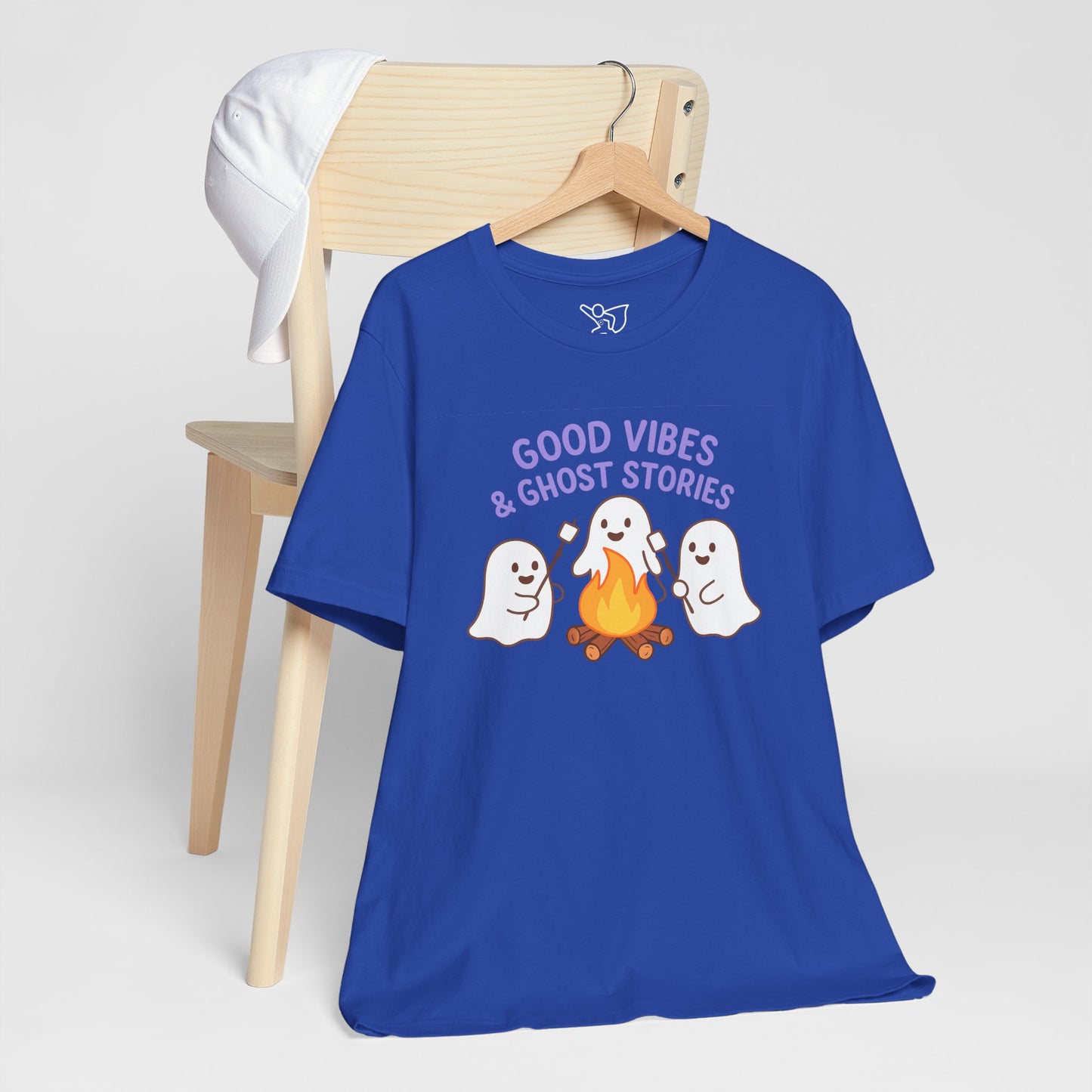 "Good Vibes & Ghost Stories" Unisex Jersey Short Sleeve Shirt for Halloween, Campfire Nights, Cozy Gatherings, Spirit Enthusiasts