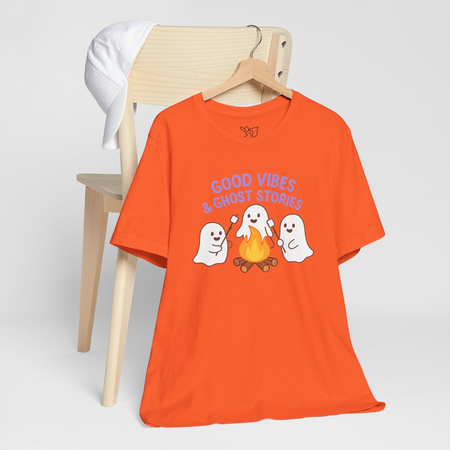 "Good Vibes & Ghost Stories" Unisex Jersey Short Sleeve Shirt for Halloween, Campfire Nights, Cozy Gatherings, Spirit Enthusiasts
