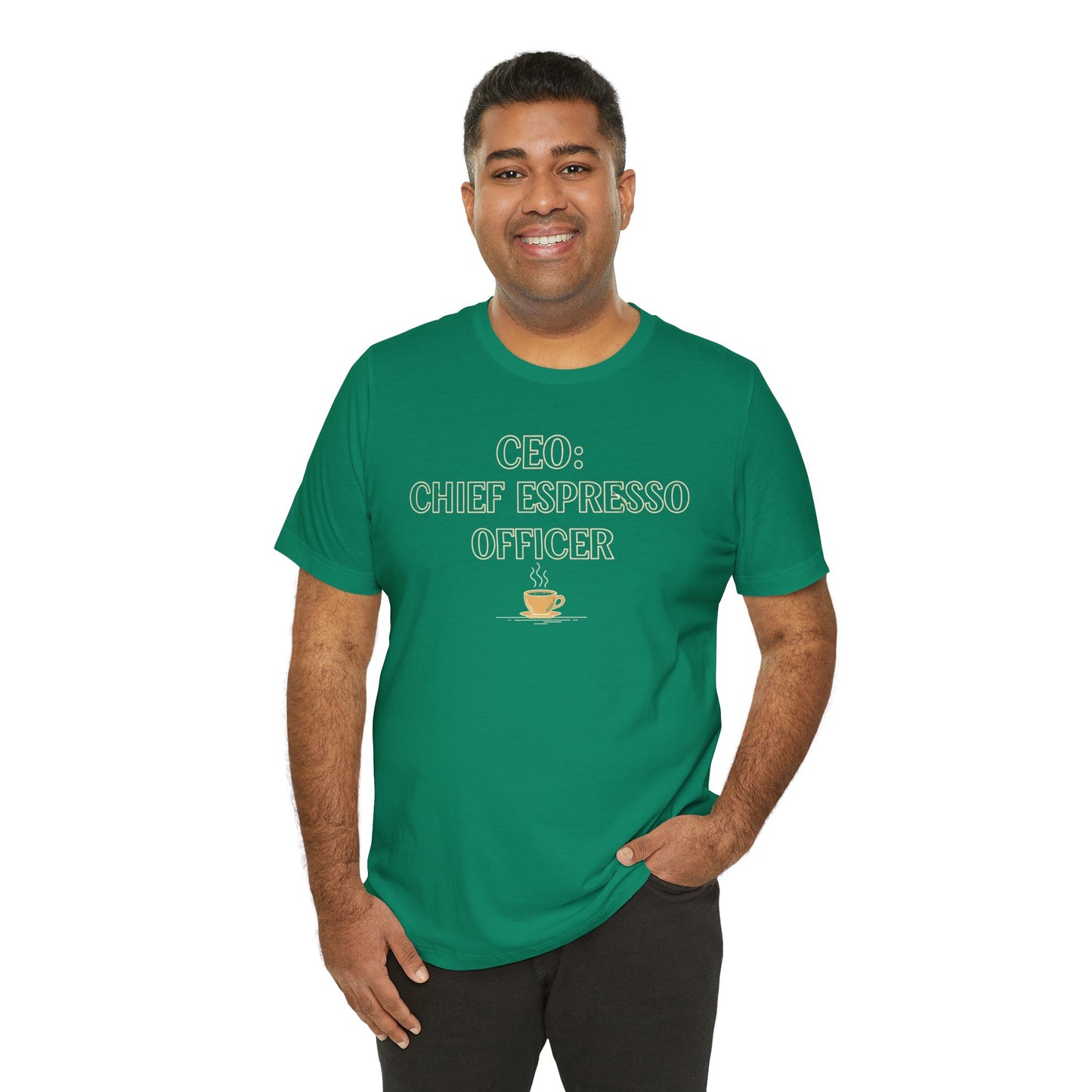 "CEO: Chief Espresso Officer" CW-1 Unisex Jersey T-Shirt for Baristas, Funny Coffee Shirt for Gifts, Perfect for Birthdays, Coffee Shop Outfits