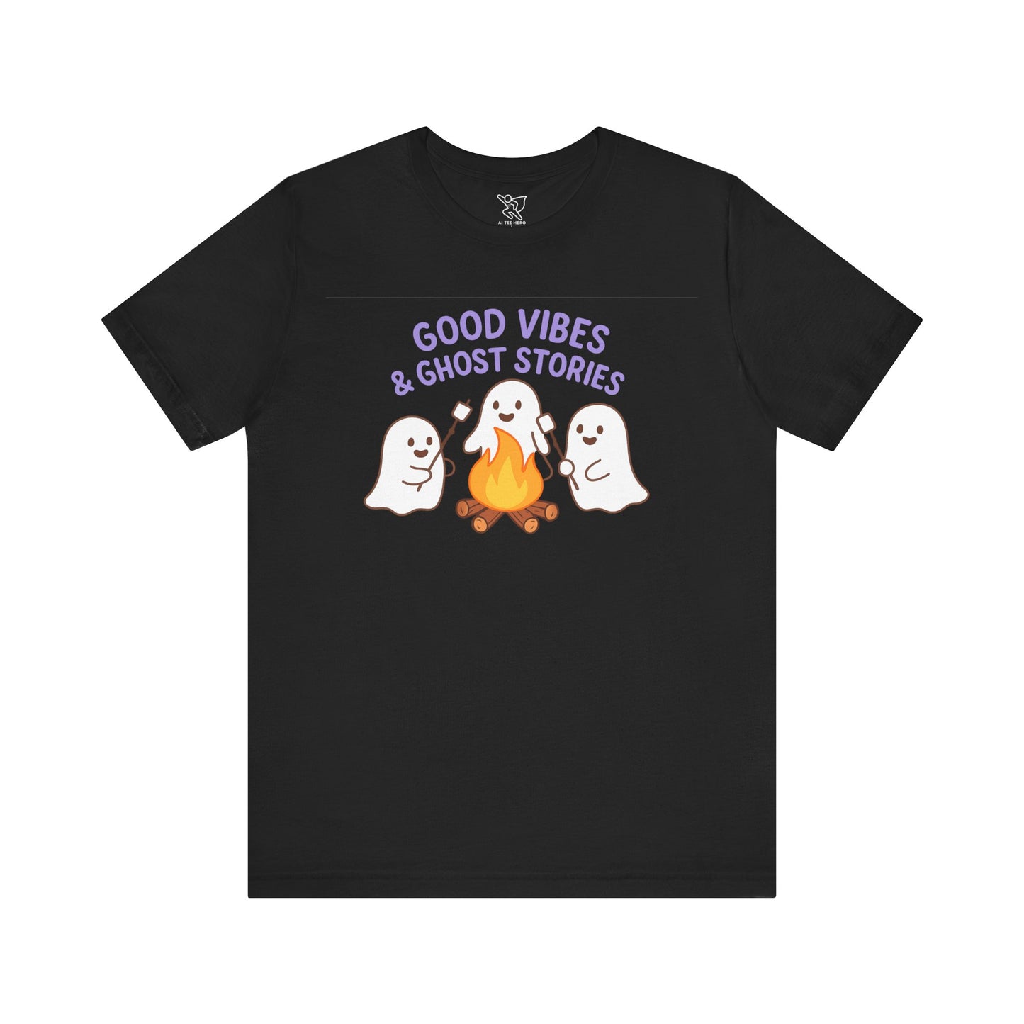 "Good Vibes & Ghost Stories" Unisex Jersey Short Sleeve Shirt for Halloween, Campfire Nights, Cozy Gatherings, Spirit Enthusiasts