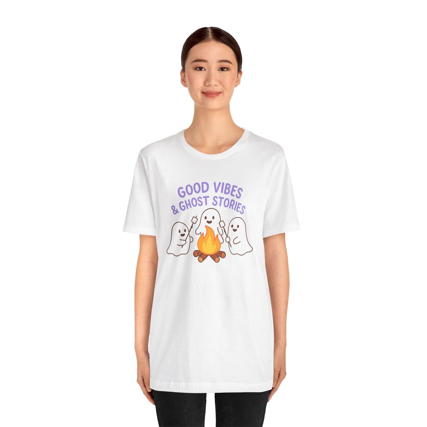 "Good Vibes & Ghost Stories" Unisex Jersey Short Sleeve Shirt for Halloween, Campfire Nights, Cozy Gatherings, Spirit Enthusiasts