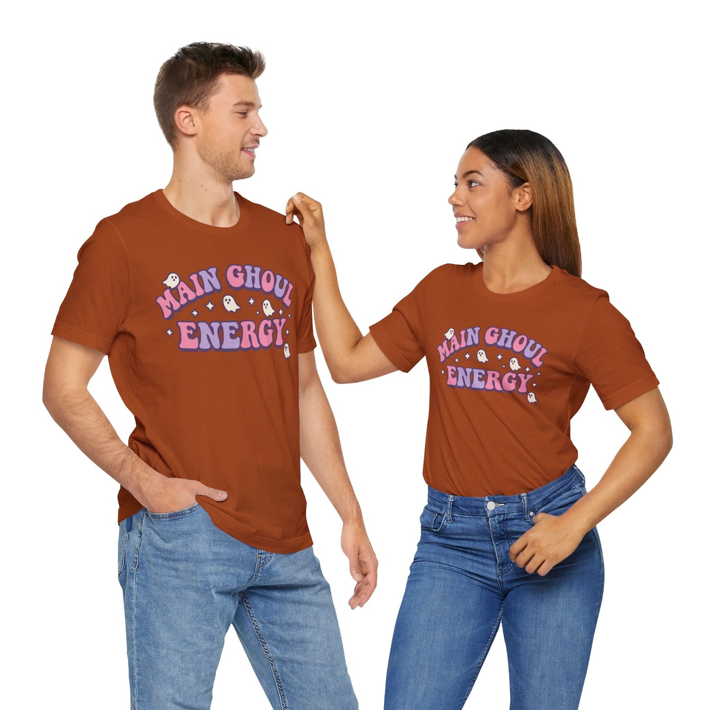 "Main Ghoul Energy" Unisex Short Sleeve T-Shirt, Halloween Party Shirt, Cute Graphic Tee, Gift for Ghost Lovers, Trendy Casual Wear