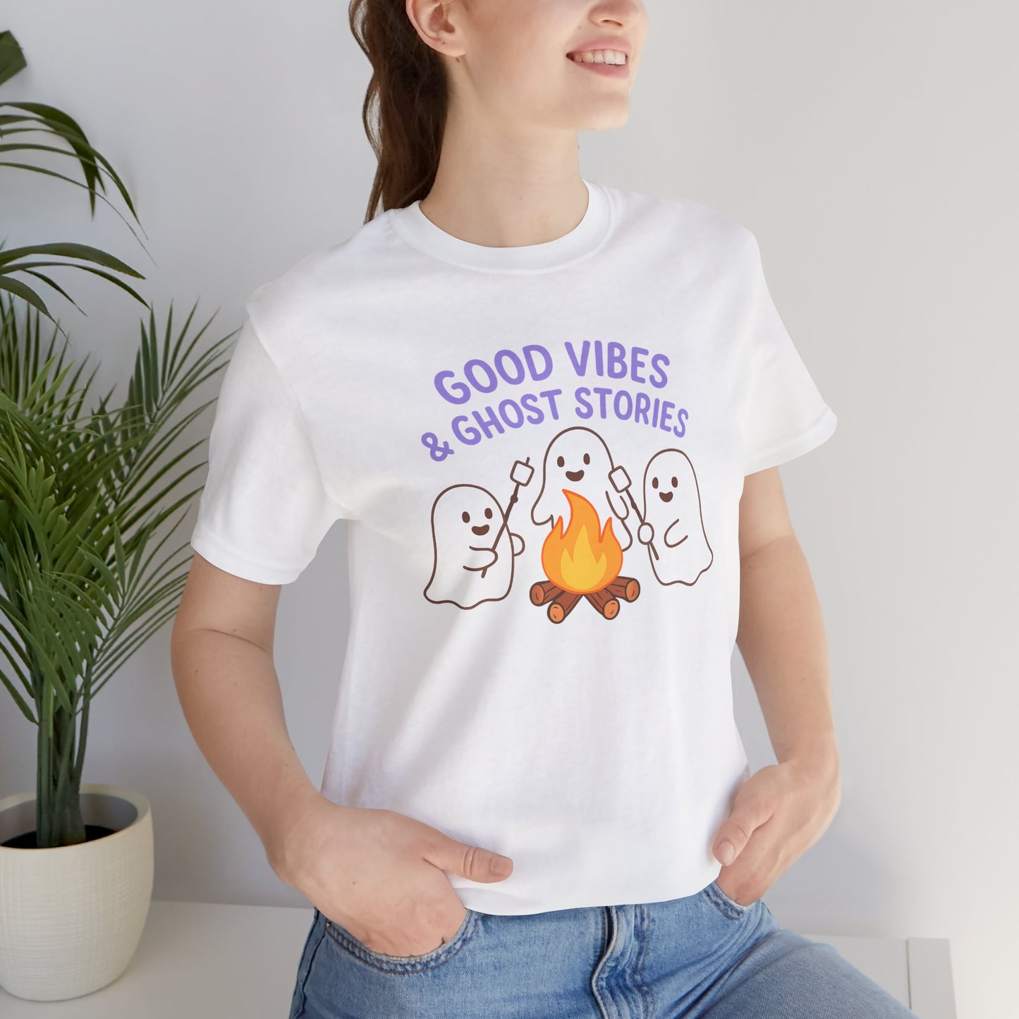 "Good Vibes & Ghost Stories" Unisex Jersey Short Sleeve Shirt for Halloween, Campfire Nights, Cozy Gatherings, Spirit Enthusiasts
