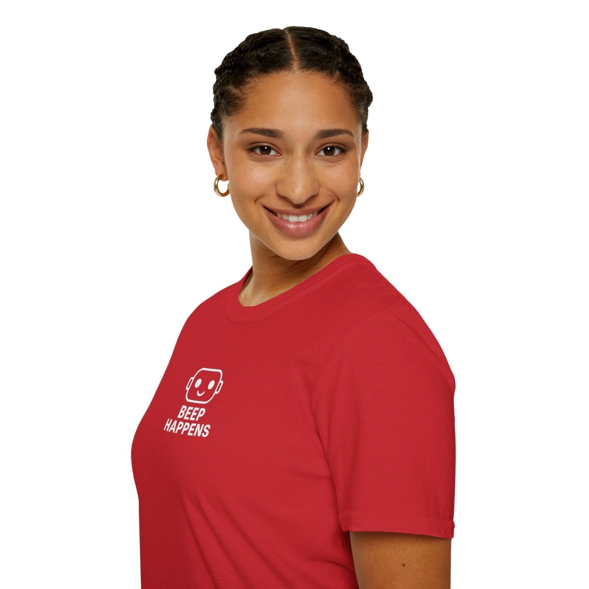 "Beep Happens" CW1 - White Unisex Softstyle T-Shirt, Comfy Casual Tee, Everyday Wear, Gift for Him/Her, Birthday Shirt, Relaxed Fit Top - AI Tee Hero