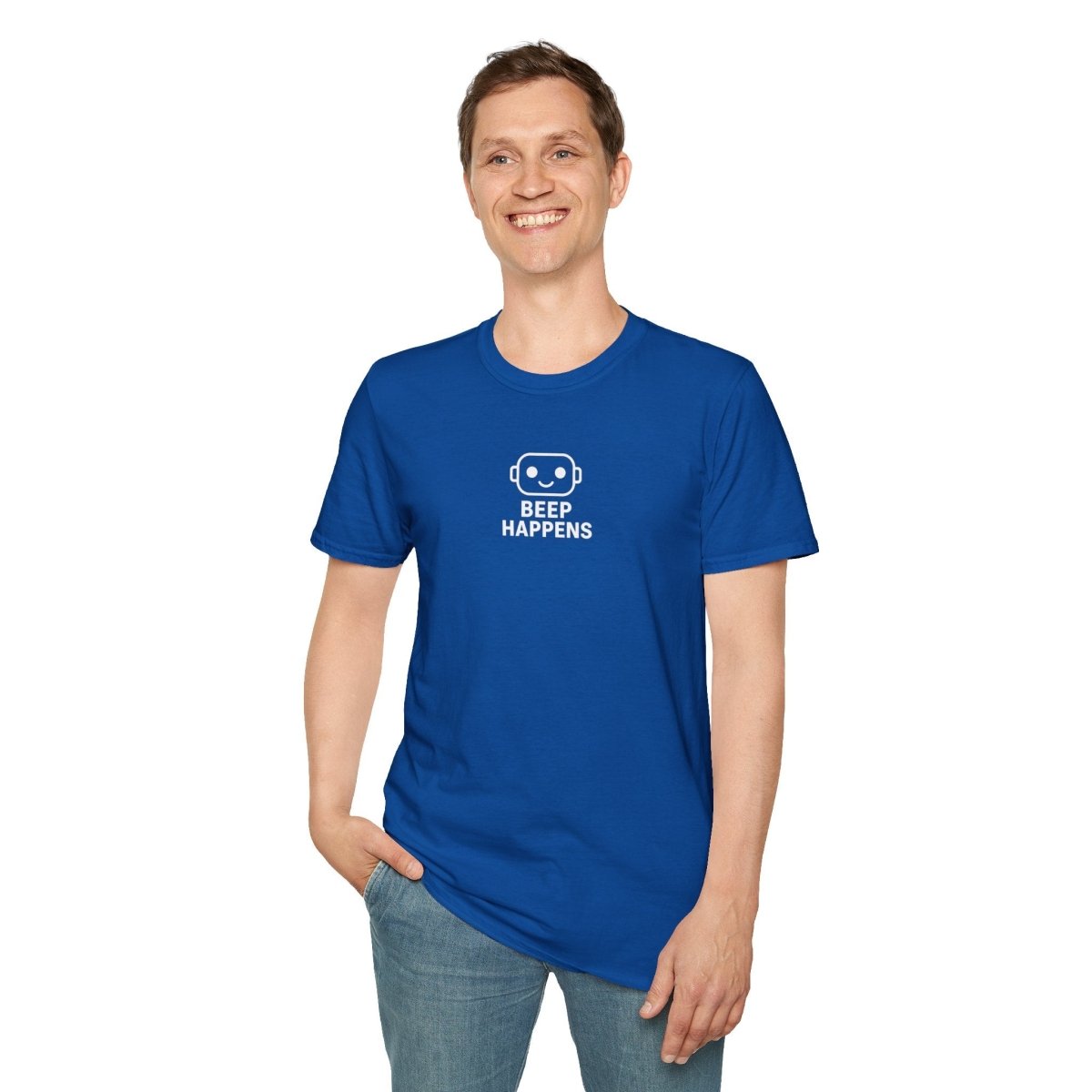 "Beep Happens" CW1 - White Unisex Softstyle T-Shirt, Comfy Casual Tee, Everyday Wear, Gift for Him/Her, Birthday Shirt, Relaxed Fit Top - AI Tee Hero
