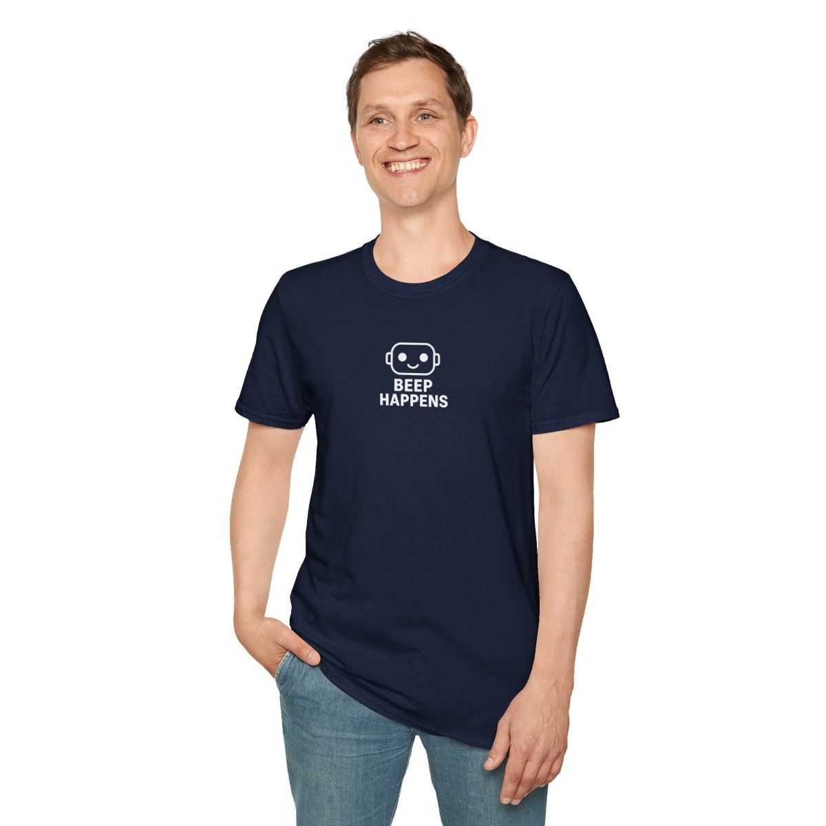 "Beep Happens" CW1 - White Unisex Softstyle T-Shirt, Comfy Casual Tee, Everyday Wear, Gift for Him/Her, Birthday Shirt, Relaxed Fit Top - AI Tee Hero