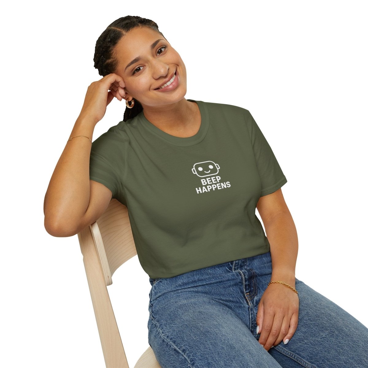 "Beep Happens" CW1 - White Unisex Softstyle T-Shirt, Comfy Casual Tee, Everyday Wear, Gift for Him/Her, Birthday Shirt, Relaxed Fit Top - AI Tee Hero
