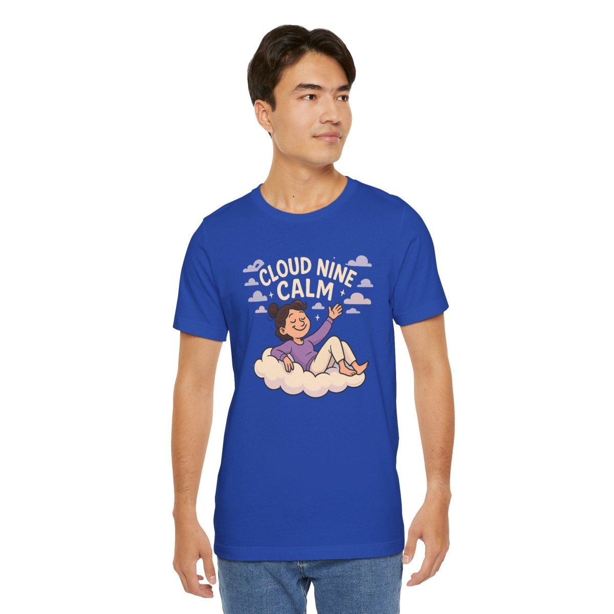 "Cloud Nine Calm" Relaxed Unisex Jersey Short Sleeve T-Shirt, Gift for Mindfulness, Cozy Fashion, Casual Wear, Relaxation Outfit - CW2 MINDSet Collection - AI Tee Hero