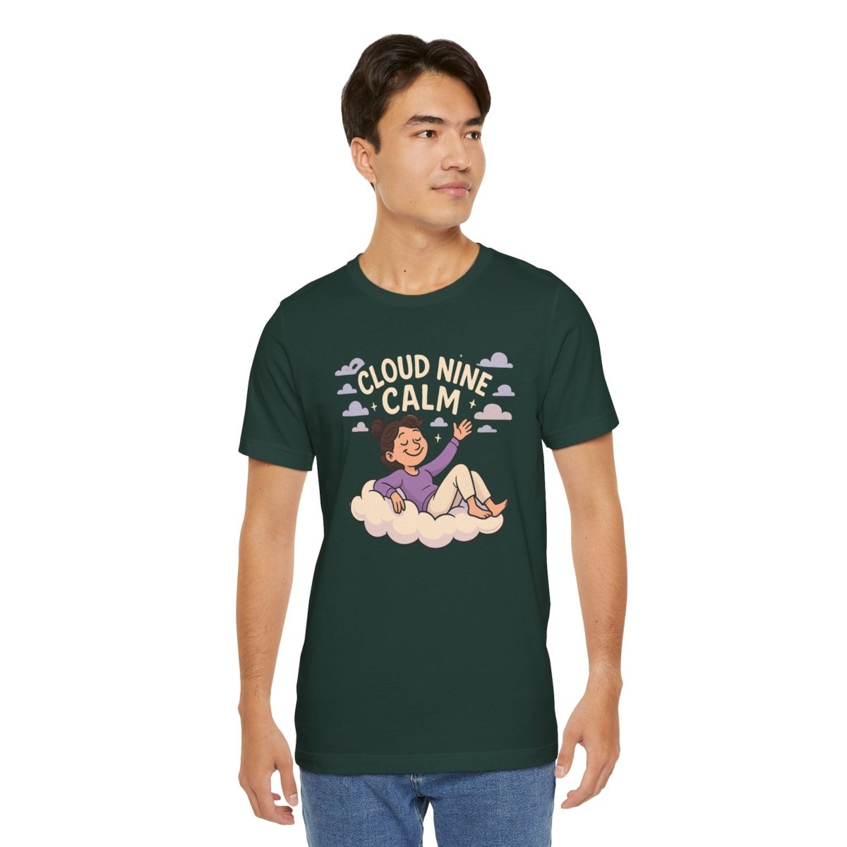 "Cloud Nine Calm" Relaxed Unisex Jersey Short Sleeve T-Shirt, Gift for Mindfulness, Cozy Fashion, Casual Wear, Relaxation Outfit - CW2 MINDSet Collection - AI Tee Hero