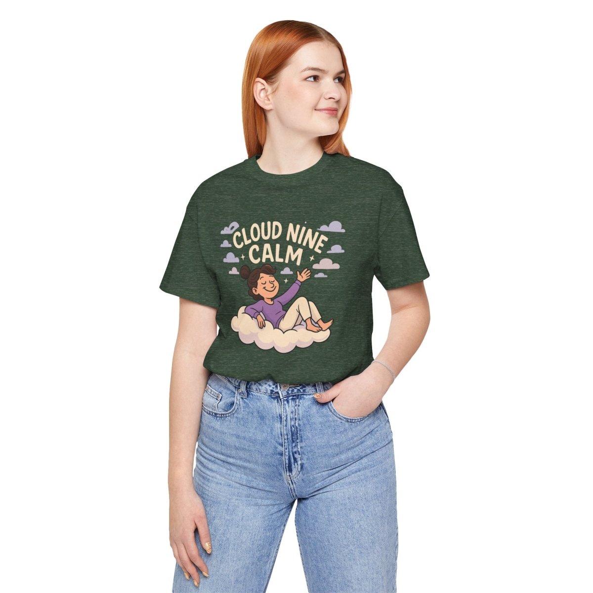 "Cloud Nine Calm" Relaxed Unisex Jersey Short Sleeve T-Shirt, Gift for Mindfulness, Cozy Fashion, Casual Wear, Relaxation Outfit - CW2 MINDSet Collection - AI Tee Hero