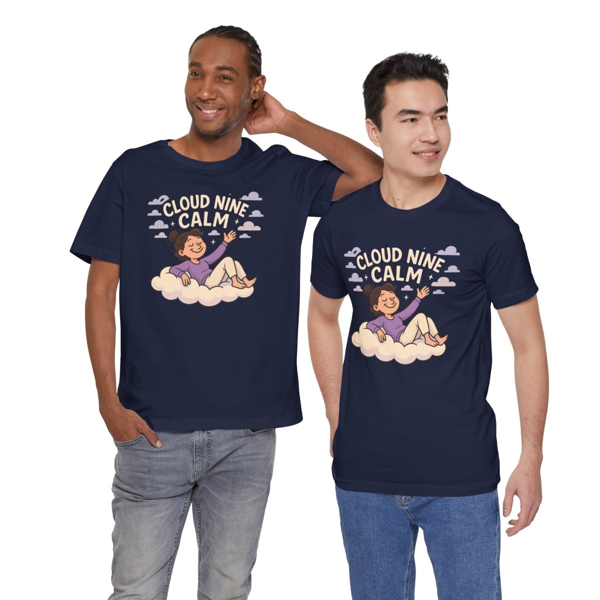 "Cloud Nine Calm" Relaxed Unisex Jersey Short Sleeve T-Shirt, Gift for Mindfulness, Cozy Fashion, Casual Wear, Relaxation Outfit - CW2 MINDSet Collection - AI Tee Hero