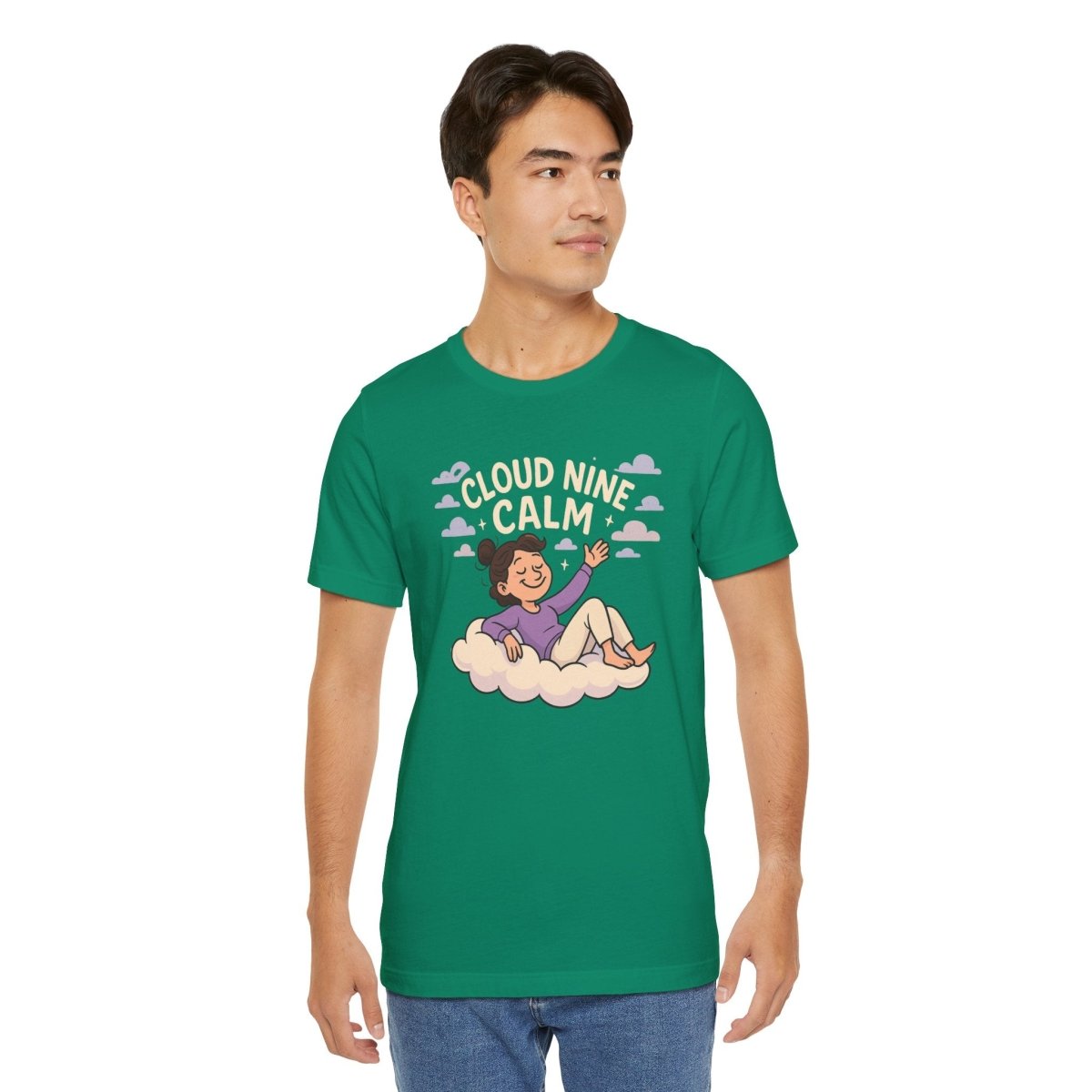 "Cloud Nine Calm" Relaxed Unisex Jersey Short Sleeve T-Shirt, Gift for Mindfulness, Cozy Fashion, Casual Wear, Relaxation Outfit - CW2 MINDSet Collection - AI Tee Hero