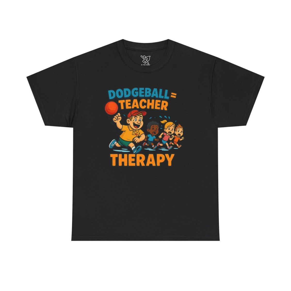 "Dodgeball = Teacher Therapy" Energetic P.E. Teacher Tee, Unisex Cotton Shirt, Fun Sports Apparel, Gift for Coaches, Back - to - School - AI Tee Hero