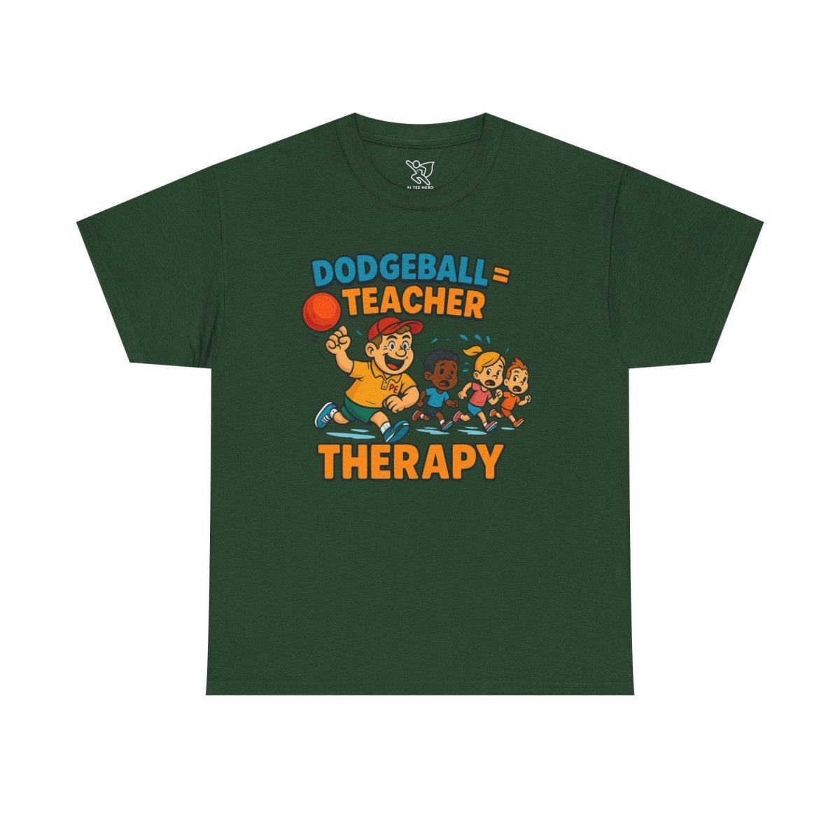 "Dodgeball = Teacher Therapy" Energetic P.E. Teacher Tee, Unisex Cotton Shirt, Fun Sports Apparel, Gift for Coaches, Back - to - School - AI Tee Hero