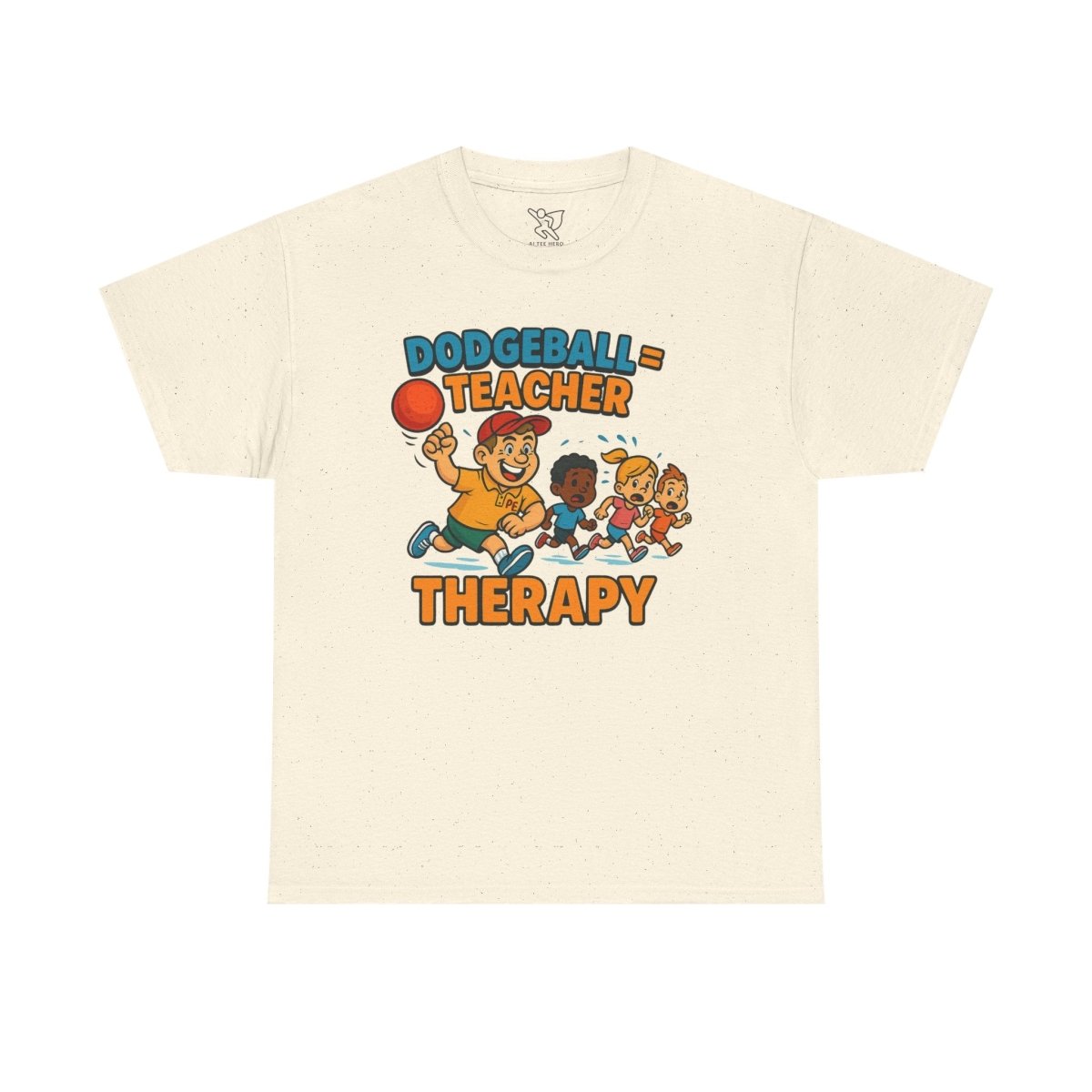 "Dodgeball = Teacher Therapy" Energetic P.E. Teacher Tee, Unisex Cotton Shirt, Fun Sports Apparel, Gift for Coaches, Back - to - School - AI Tee Hero