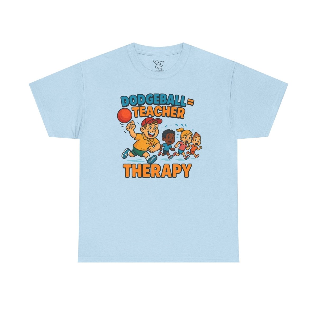 "Dodgeball = Teacher Therapy" Energetic P.E. Teacher Tee, Unisex Cotton Shirt, Fun Sports Apparel, Gift for Coaches, Back - to - School - AI Tee Hero