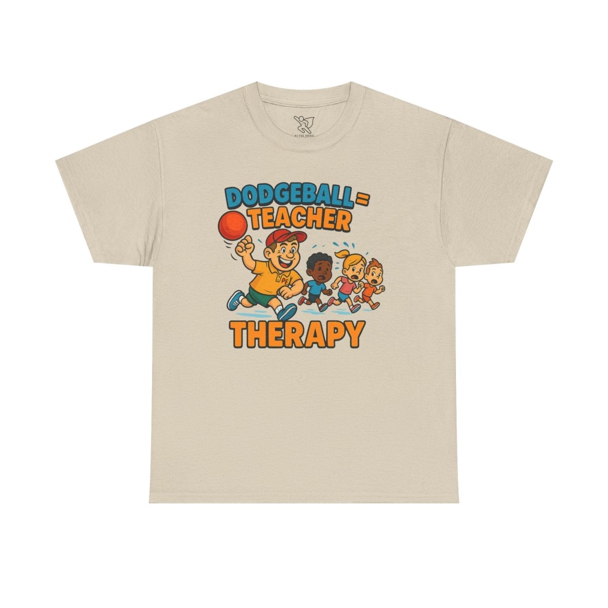 "Dodgeball = Teacher Therapy" Energetic P.E. Teacher Tee, Unisex Cotton Shirt, Fun Sports Apparel, Gift for Coaches, Back - to - School - AI Tee Hero