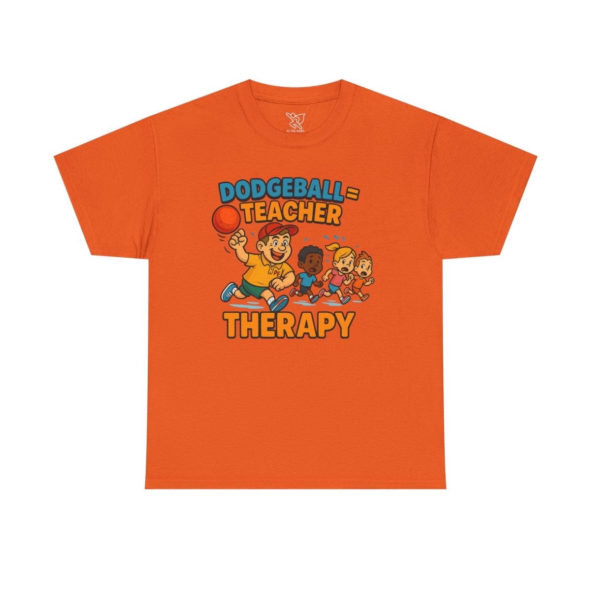 "Dodgeball = Teacher Therapy" Energetic P.E. Teacher Tee, Unisex Cotton Shirt, Fun Sports Apparel, Gift for Coaches, Back - to - School - AI Tee Hero