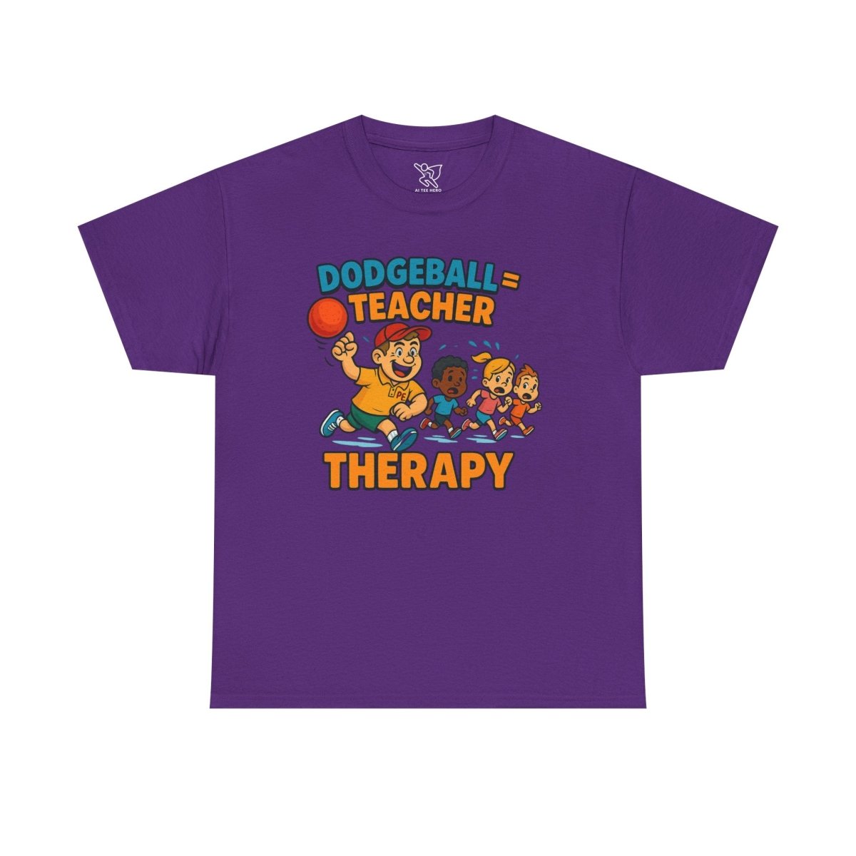 "Dodgeball = Teacher Therapy" Energetic P.E. Teacher Tee, Unisex Cotton Shirt, Fun Sports Apparel, Gift for Coaches, Back - to - School - AI Tee Hero
