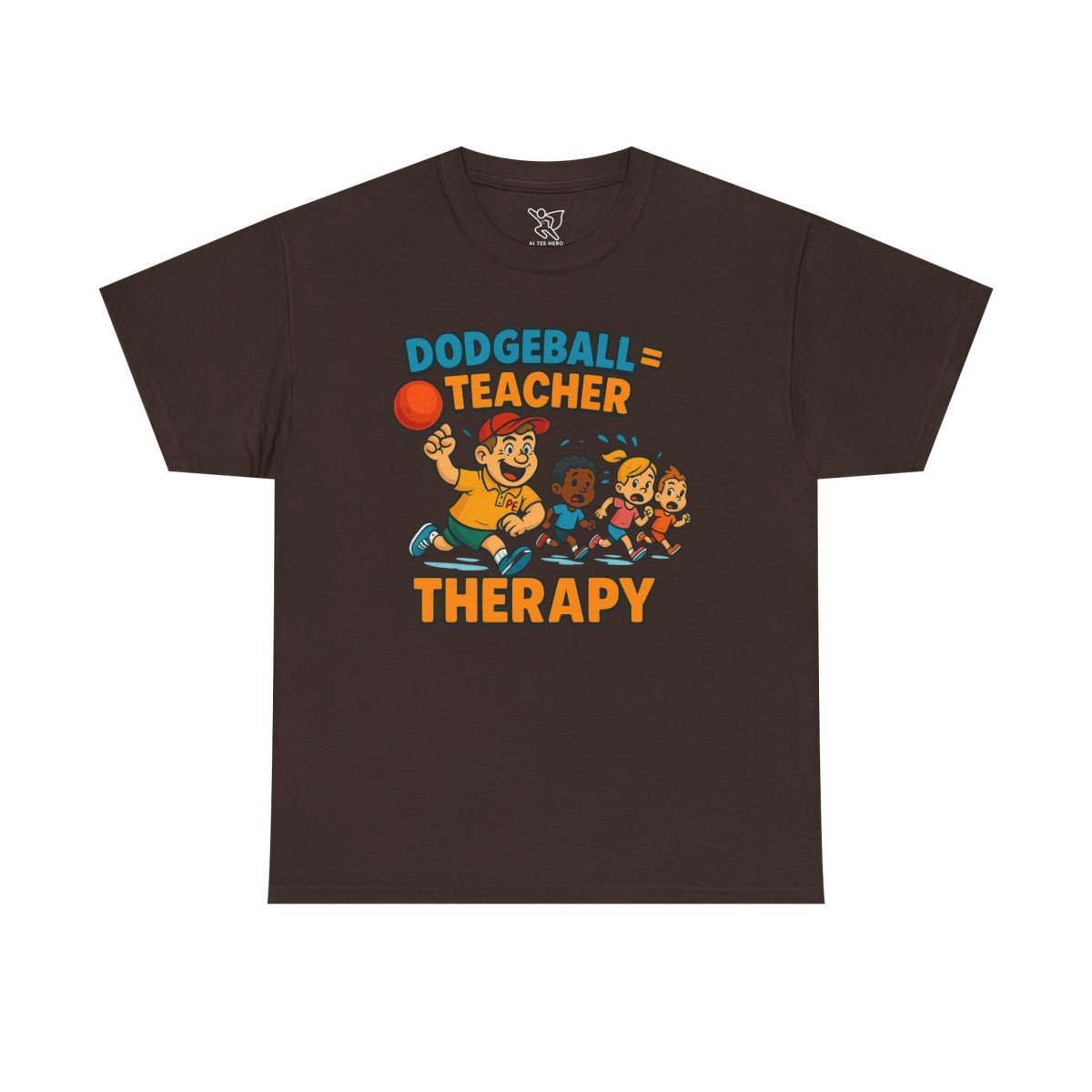"Dodgeball = Teacher Therapy" Energetic P.E. Teacher Tee, Unisex Cotton Shirt, Fun Sports Apparel, Gift for Coaches, Back - to - School - AI Tee Hero