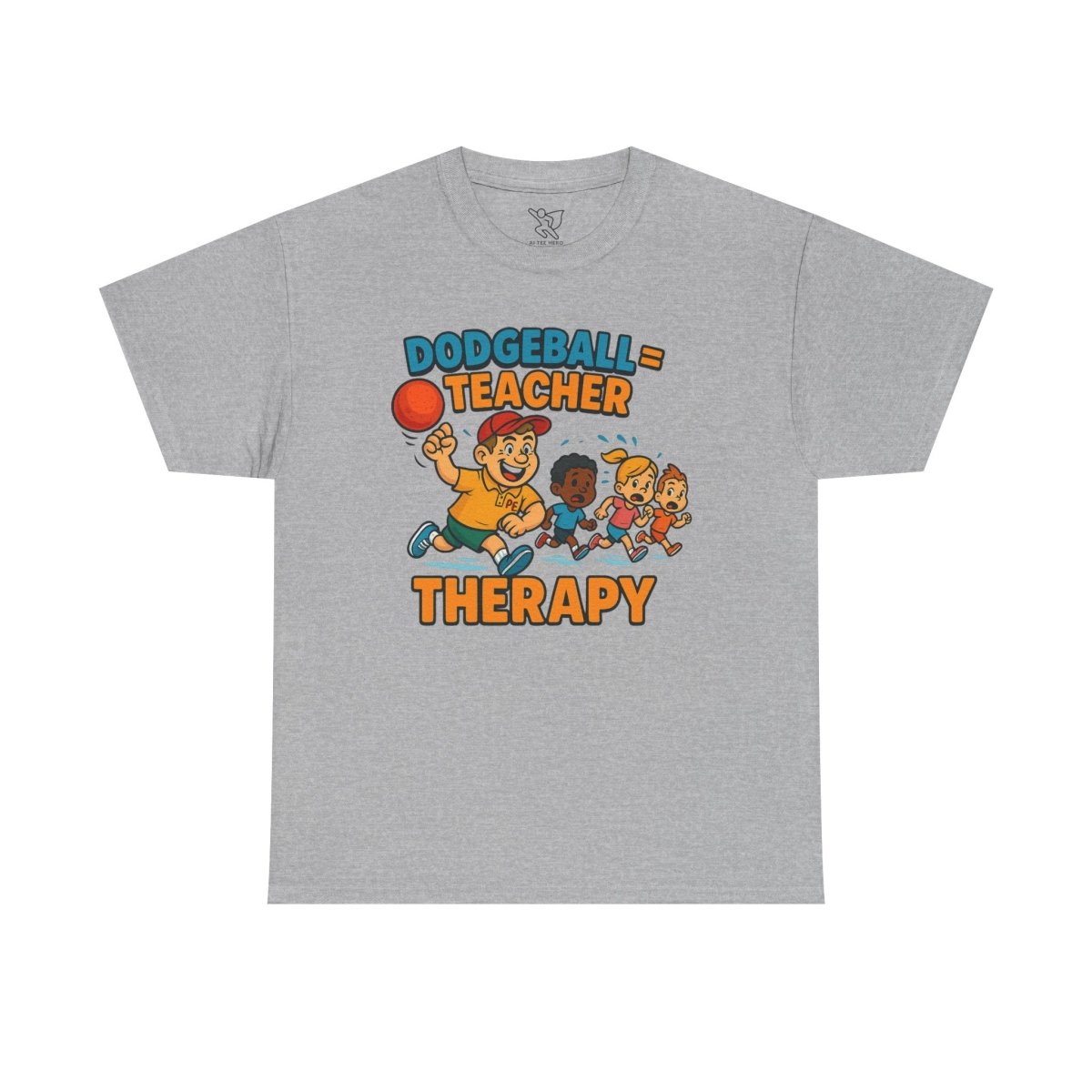 "Dodgeball = Teacher Therapy" Energetic P.E. Teacher Tee, Unisex Cotton Shirt, Fun Sports Apparel, Gift for Coaches, Back - to - School - AI Tee Hero