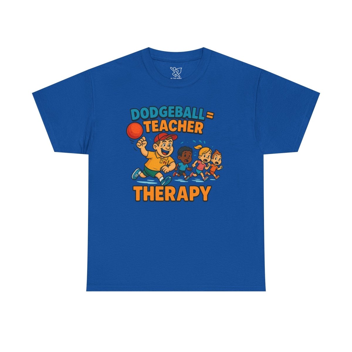 "Dodgeball = Teacher Therapy" Energetic P.E. Teacher Tee, Unisex Cotton Shirt, Fun Sports Apparel, Gift for Coaches, Back - to - School - AI Tee Hero