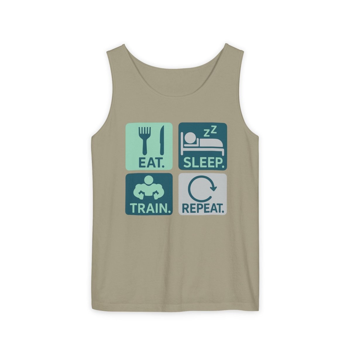 "EAT.SLEEP.TRAIN.REPEAT." Active Lifestyle Tank Top - Gym Wear, Fitness Apparel, Workout Shirt, Casual Summer Top, Gift for Athletes MINDSet - AI Tee Hero