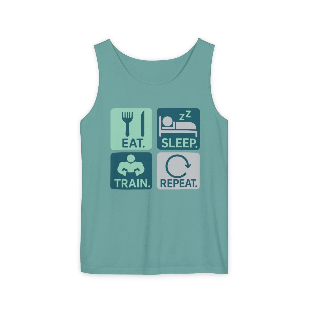 "EAT.SLEEP.TRAIN.REPEAT." Active Lifestyle Tank Top - Gym Wear, Fitness Apparel, Workout Shirt, Casual Summer Top, Gift for Athletes MINDSet - AI Tee Hero