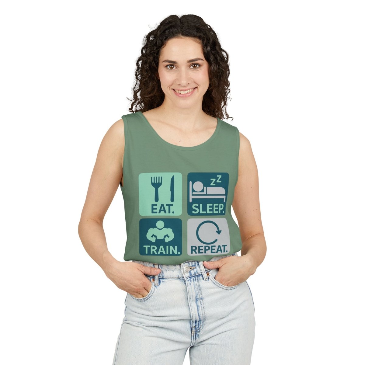 "EAT.SLEEP.TRAIN.REPEAT." Active Lifestyle Tank Top - Gym Wear, Fitness Apparel, Workout Shirt, Casual Summer Top, Gift for Athletes MINDSet - AI Tee Hero