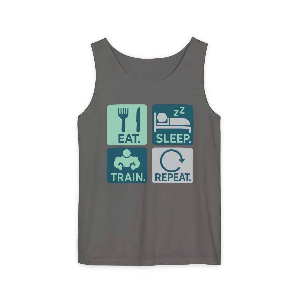 "EAT.SLEEP.TRAIN.REPEAT." Active Lifestyle Tank Top - Gym Wear, Fitness Apparel, Workout Shirt, Casual Summer Top, Gift for Athletes MINDSet - AI Tee Hero