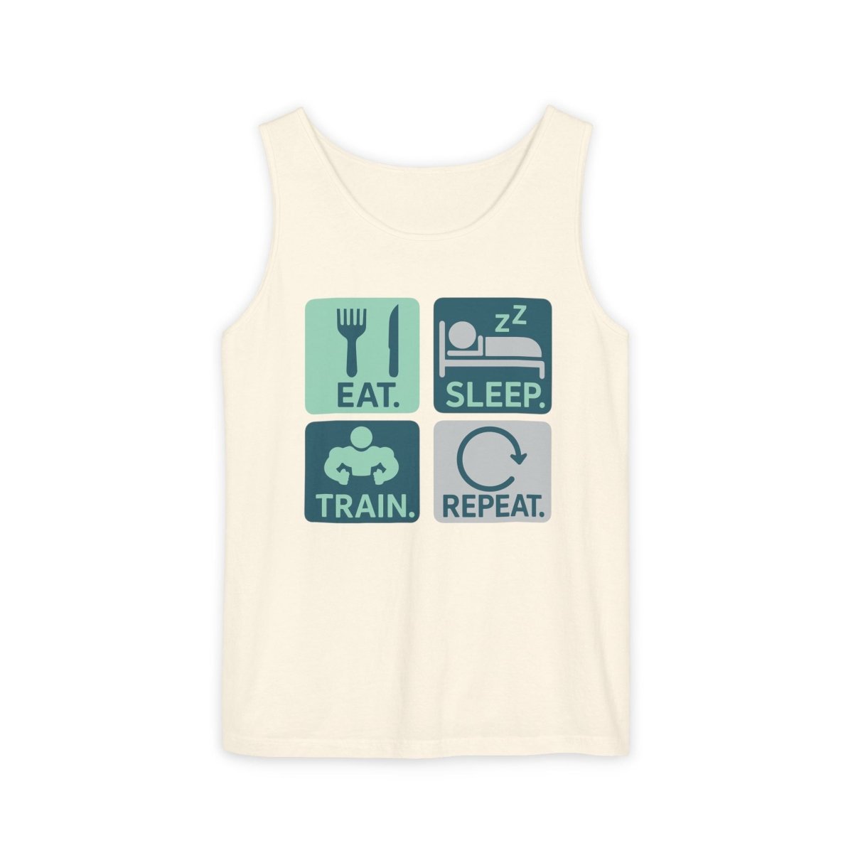 "EAT.SLEEP.TRAIN.REPEAT." Active Lifestyle Tank Top - Gym Wear, Fitness Apparel, Workout Shirt, Casual Summer Top, Gift for Athletes MINDSet - AI Tee Hero