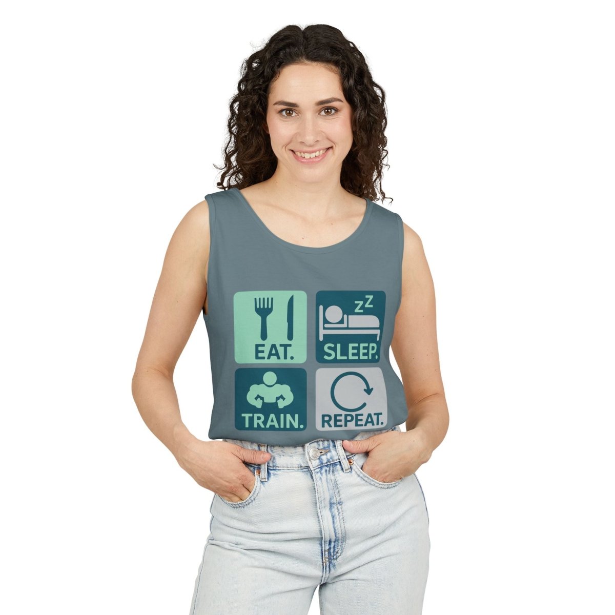 "EAT.SLEEP.TRAIN.REPEAT." Active Lifestyle Tank Top - Gym Wear, Fitness Apparel, Workout Shirt, Casual Summer Top, Gift for Athletes MINDSet - AI Tee Hero