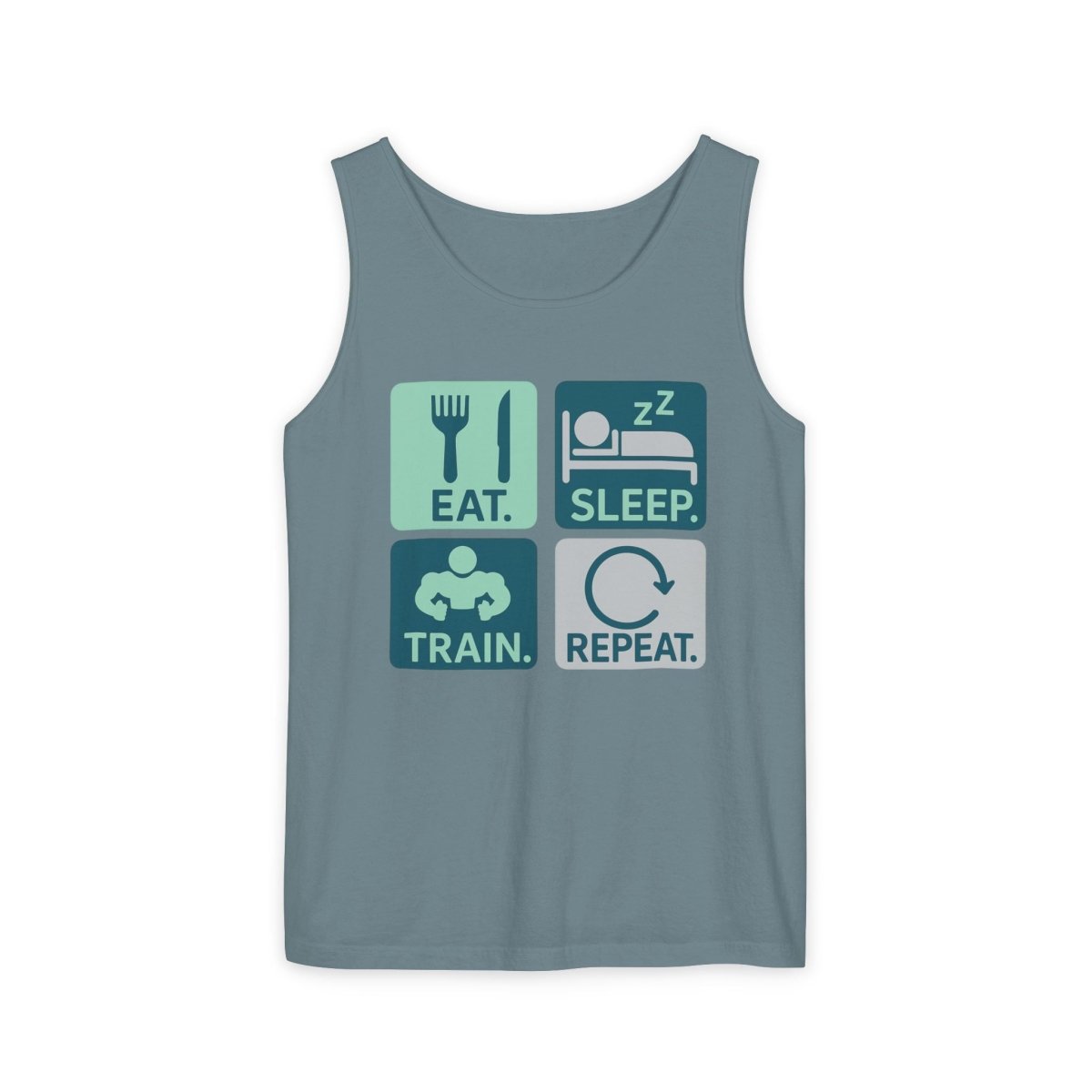 "EAT.SLEEP.TRAIN.REPEAT." Active Lifestyle Tank Top - Gym Wear, Fitness Apparel, Workout Shirt, Casual Summer Top, Gift for Athletes MINDSet - AI Tee Hero