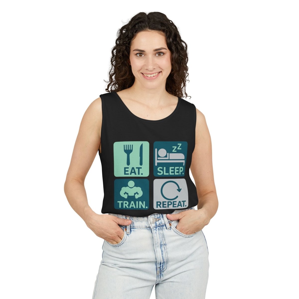 "EAT.SLEEP.TRAIN.REPEAT." Active Lifestyle Tank Top - Gym Wear, Fitness Apparel, Workout Shirt, Casual Summer Top, Gift for Athletes MINDSet - AI Tee Hero