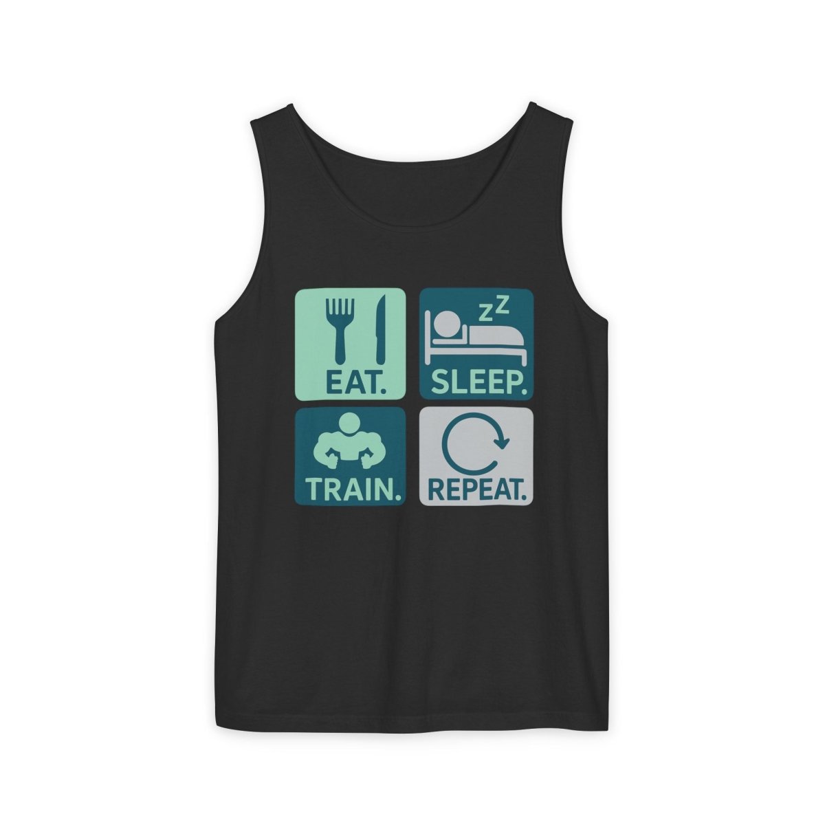 "EAT.SLEEP.TRAIN.REPEAT." Active Lifestyle Tank Top - Gym Wear, Fitness Apparel, Workout Shirt, Casual Summer Top, Gift for Athletes MINDSet - AI Tee Hero