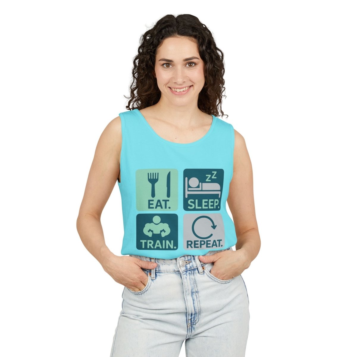 "EAT.SLEEP.TRAIN.REPEAT." Active Lifestyle Tank Top - Gym Wear, Fitness Apparel, Workout Shirt, Casual Summer Top, Gift for Athletes MINDSet - AI Tee Hero