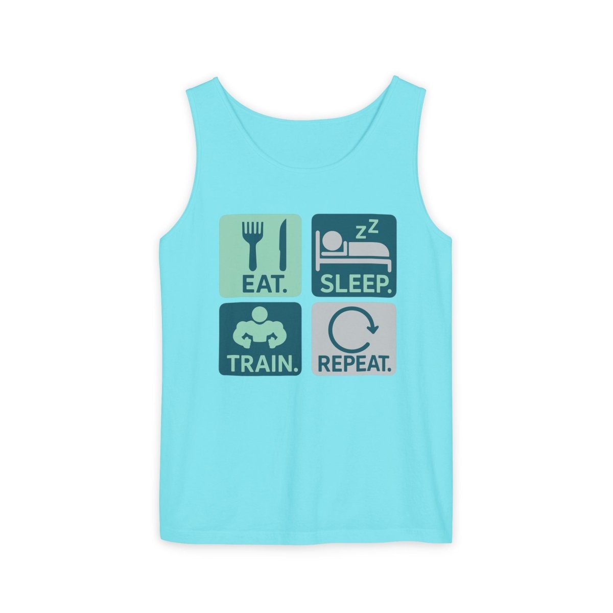 "EAT.SLEEP.TRAIN.REPEAT." Active Lifestyle Tank Top - Gym Wear, Fitness Apparel, Workout Shirt, Casual Summer Top, Gift for Athletes MINDSet - AI Tee Hero