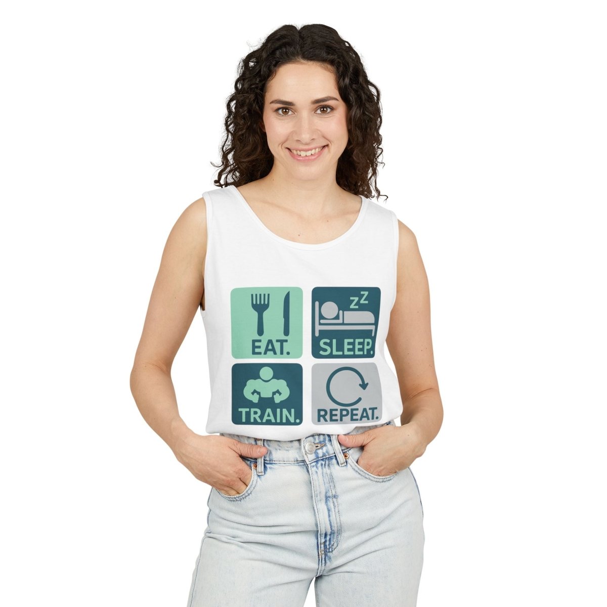 "EAT.SLEEP.TRAIN.REPEAT." Active Lifestyle Tank Top - Gym Wear, Fitness Apparel, Workout Shirt, Casual Summer Top, Gift for Athletes MINDSet - AI Tee Hero