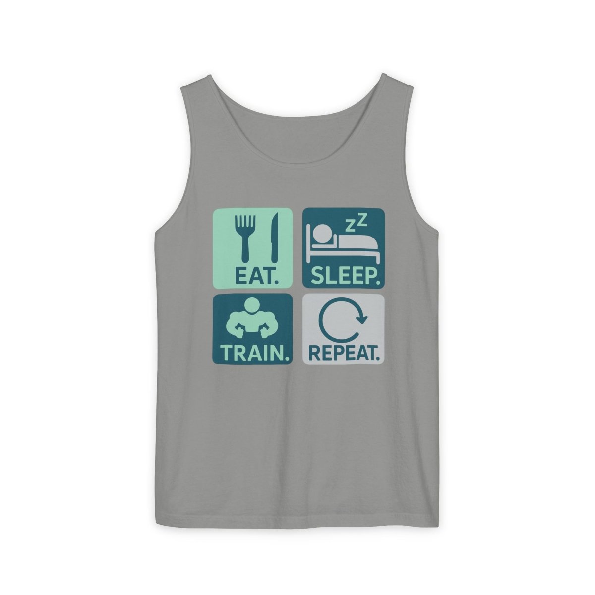 "EAT.SLEEP.TRAIN.REPEAT." Active Lifestyle Tank Top - Gym Wear, Fitness Apparel, Workout Shirt, Casual Summer Top, Gift for Athletes MINDSet - AI Tee Hero